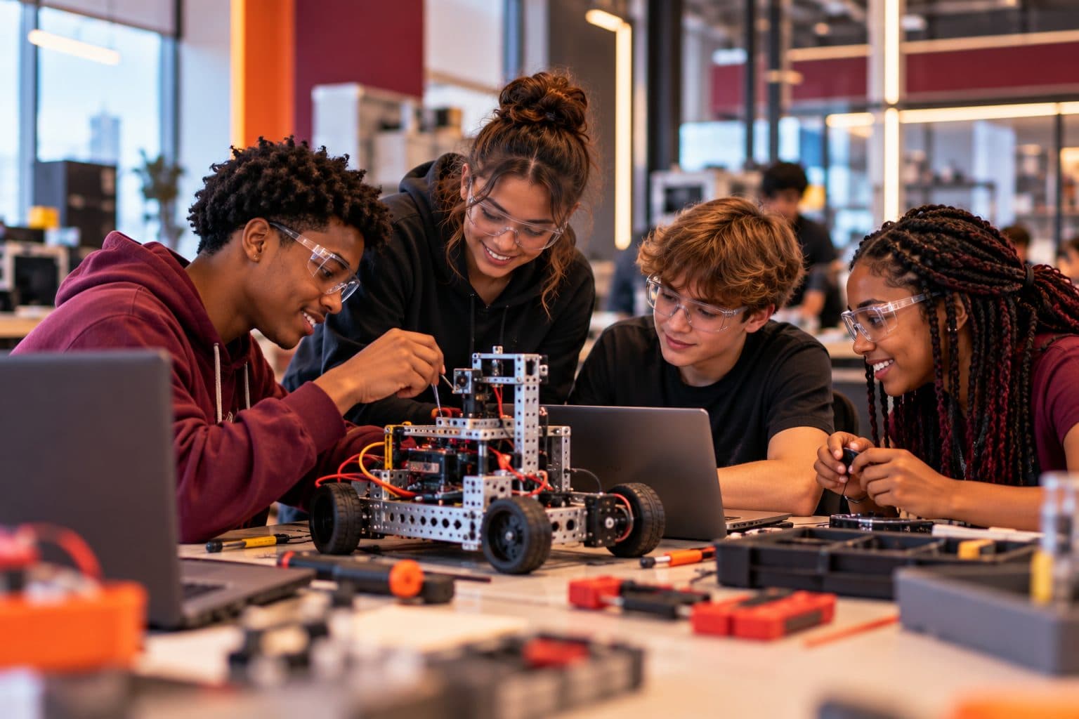 Young people building a robot together