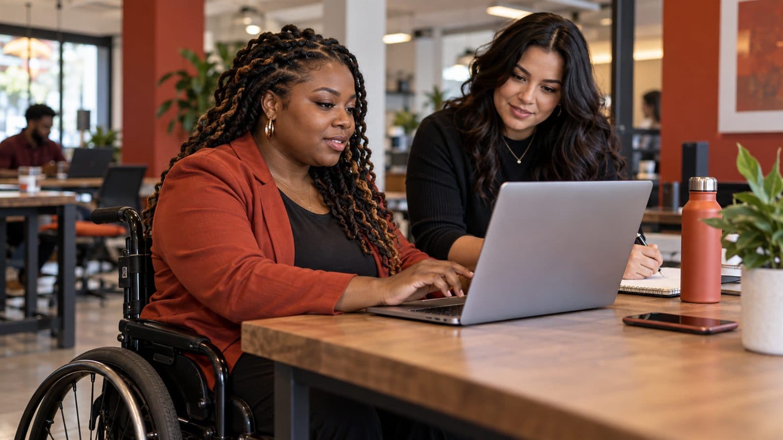 Two people working together at a laptop