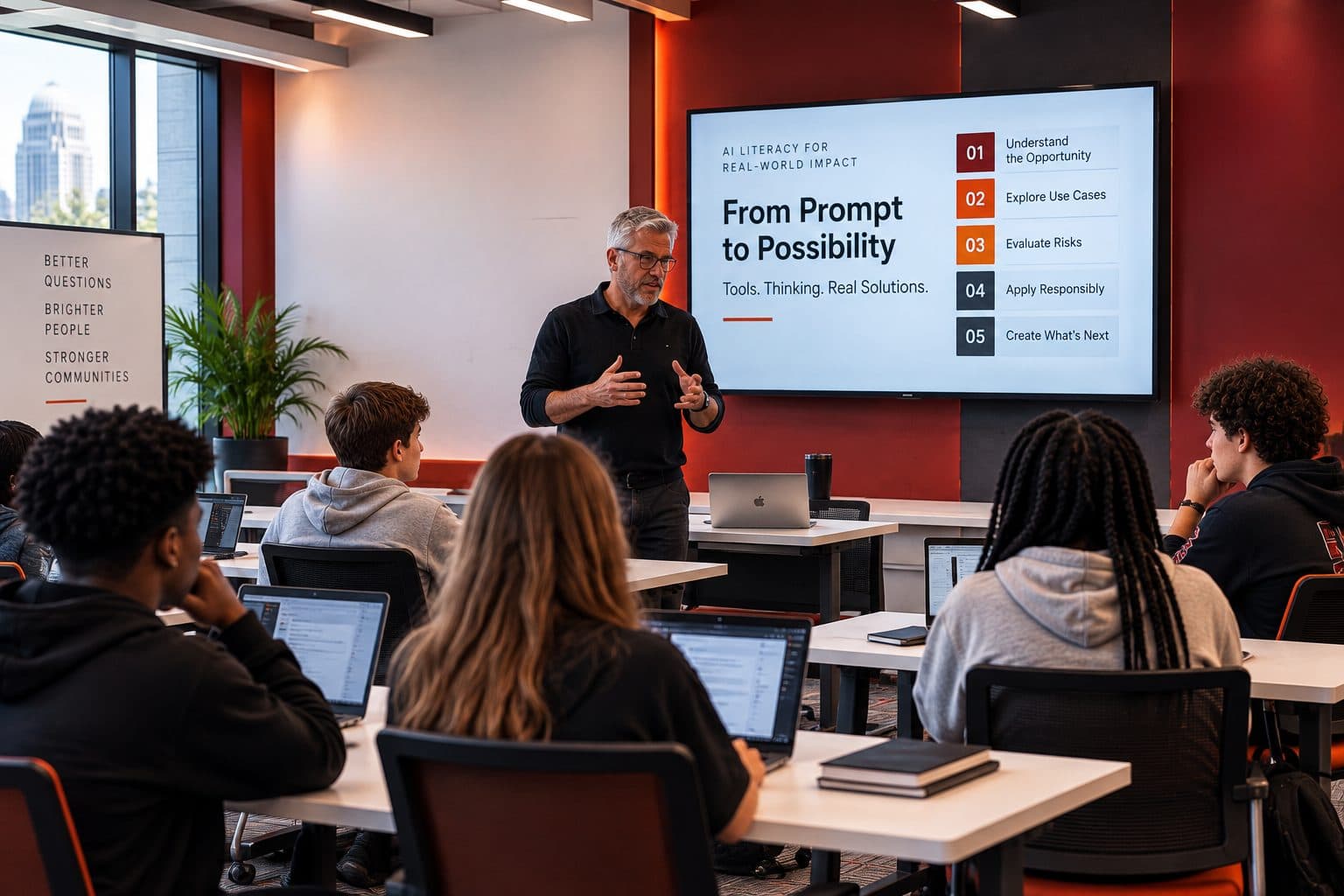 A volunteer leading an AI workshop